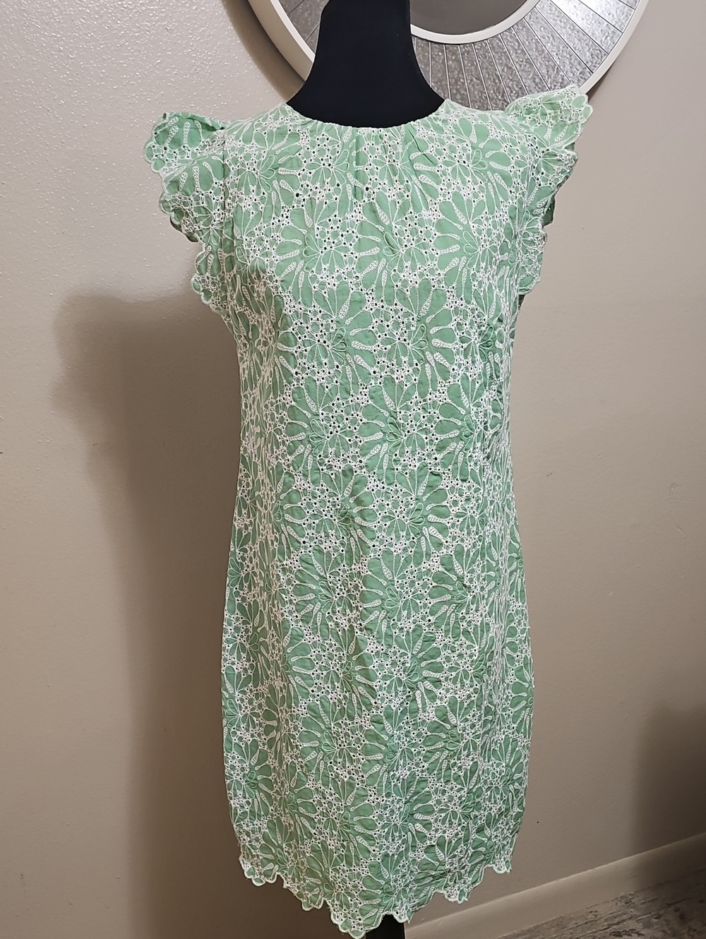 LOFT Green and White Eyelet Floral Shift Dress